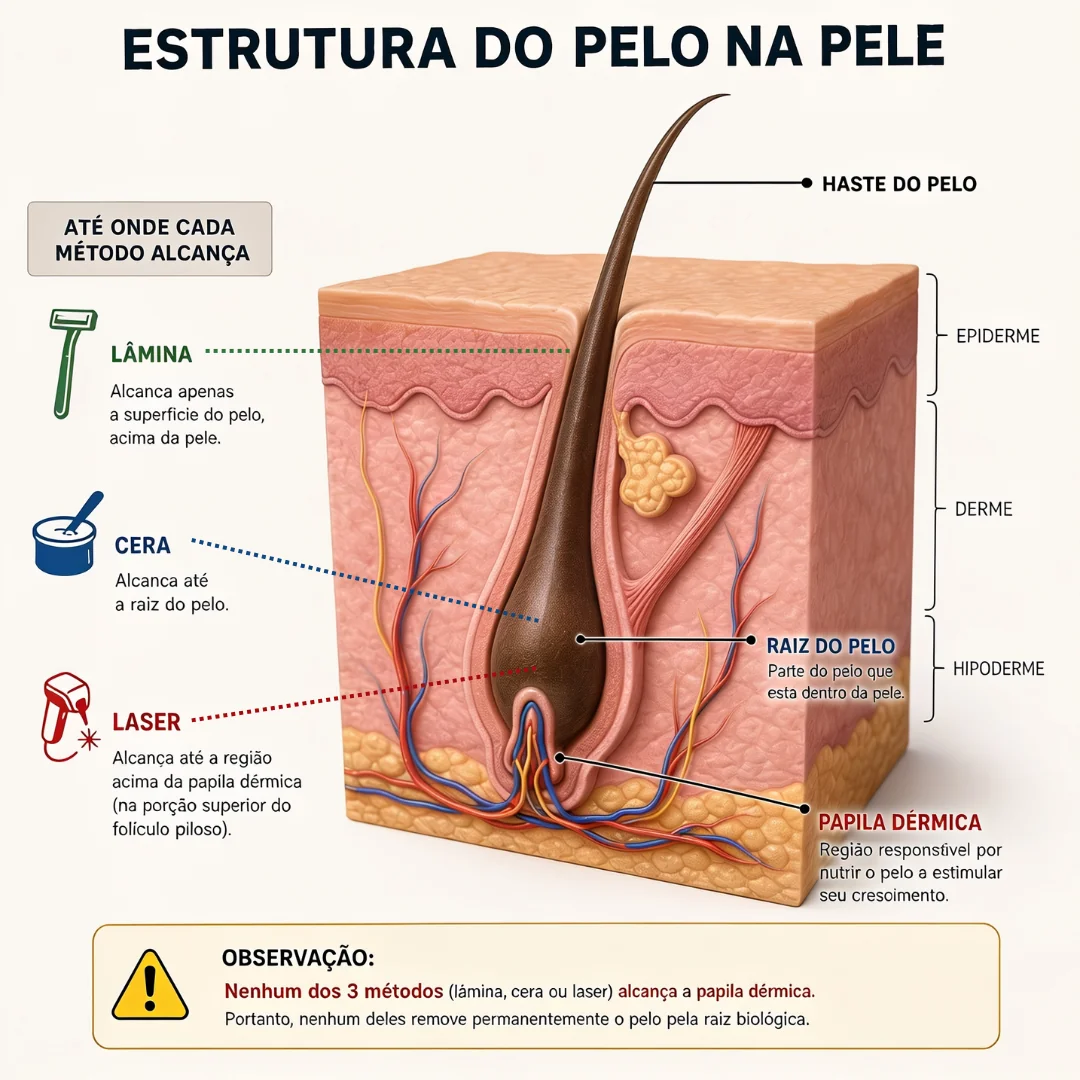 Estrutura do pelo na pele e até onde cada método de depilação alcança