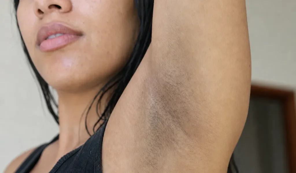 Close de axila com pelos e manchas escuras causados pela foliculite